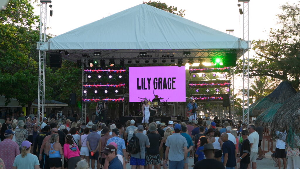 Concert stage with LED screens and a packed crowd