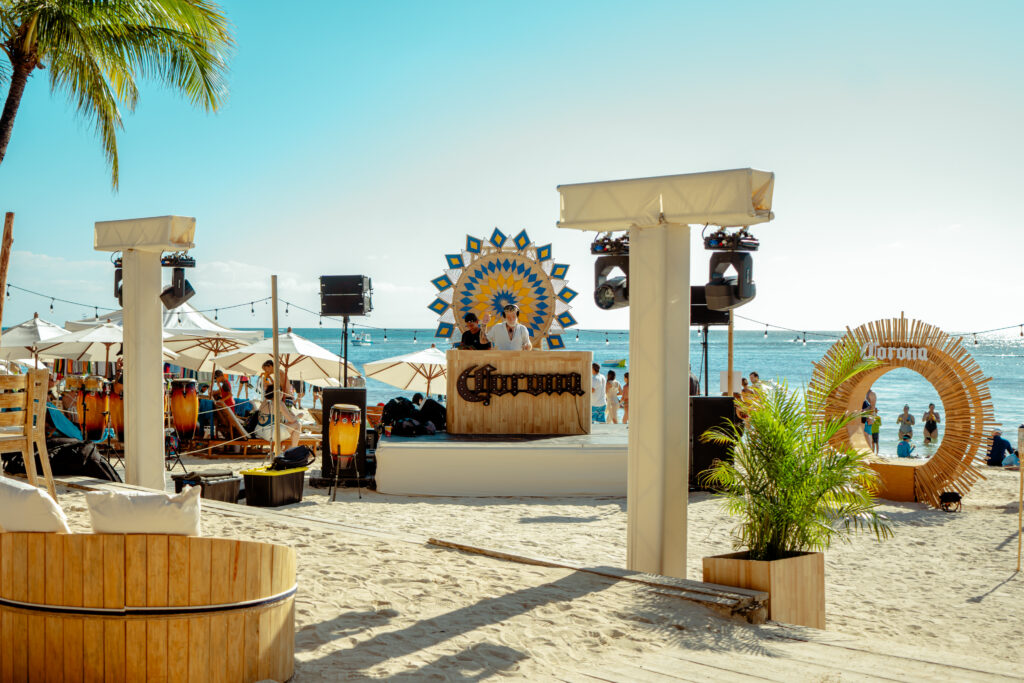 Beach party stage and DJ booth by the sea